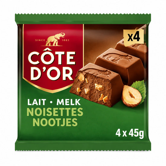 CÔTE D'OR ヘーゼルナッツミルク　ダーク　2箱セット Buy Côte d'Or Milk Hazelnuts Lait Noissettes 4x45 Gr - BelgianMart.com